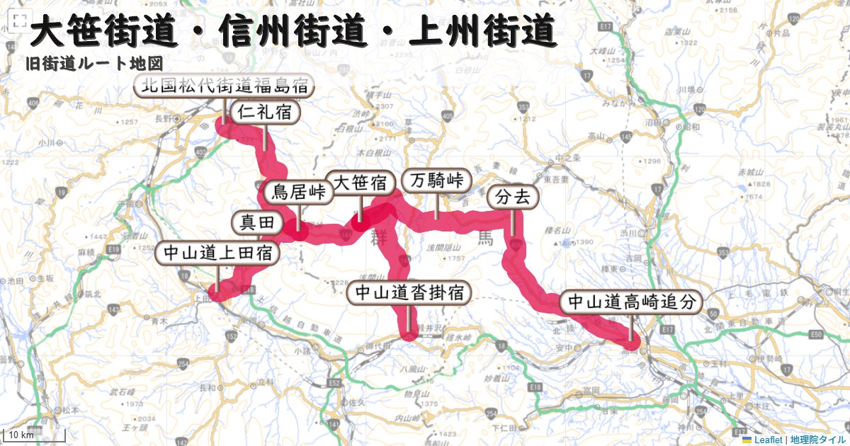 大笹街道・信州街道・上州街道のルートを地図で表示