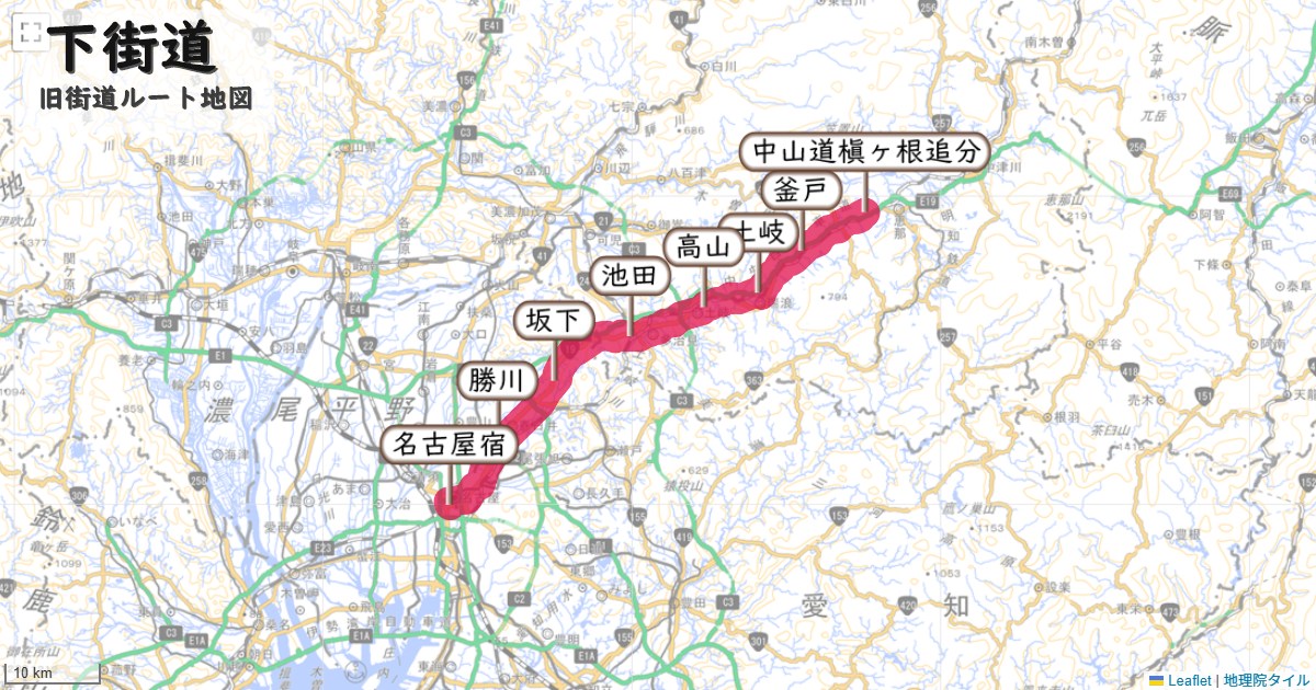 下街道のルートを地図で表示