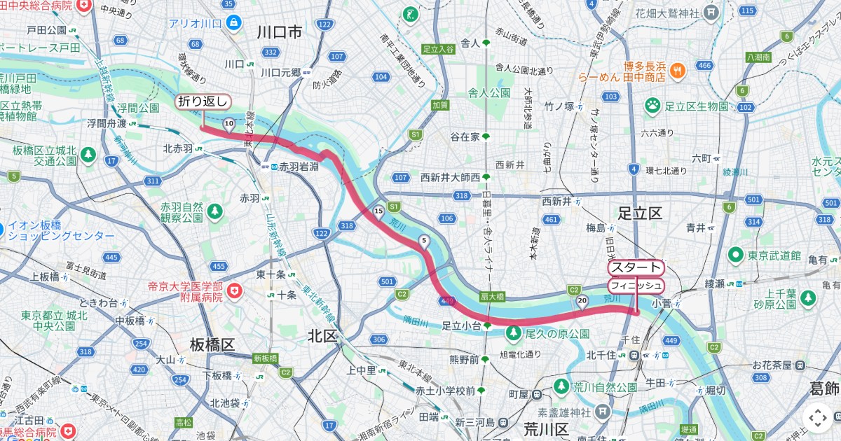 タートルマラソン国際大会in足立のコースを地図で表示