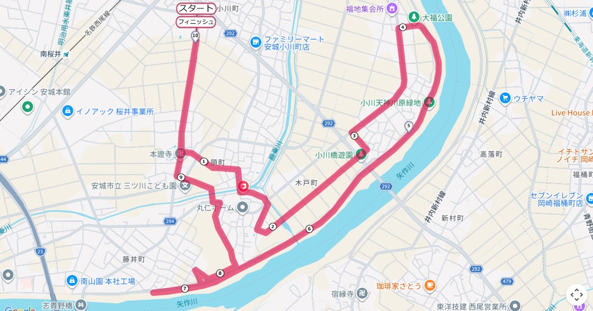 安城矢作川マラソンのコースを地図で表示
