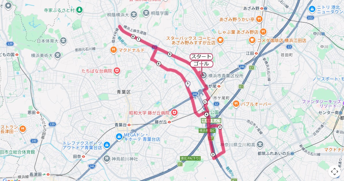 青葉区民マラソンのコースを地図で表示
