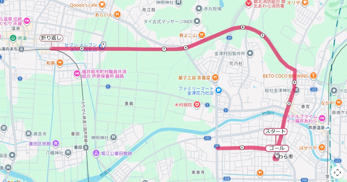 あわら市トリムマラソンのコースを地図で表示