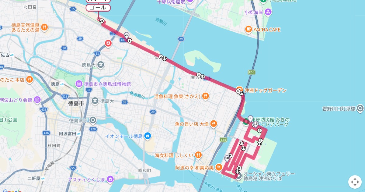 阿波吉野川マラソンのコースを地図で表示