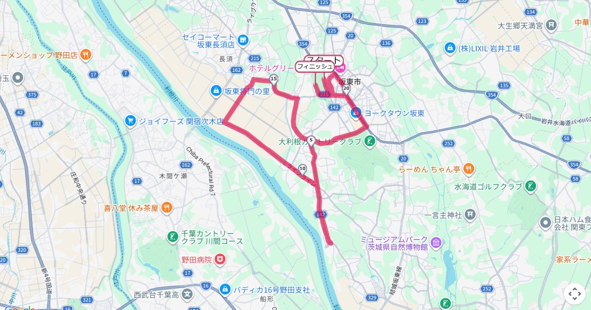 坂東市将門ハーフマラソンのコースを地図で表示