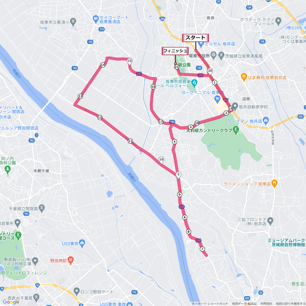 坂東市将門ハーフマラソン,コース,地図,マップ,距離とタイム,高低差
