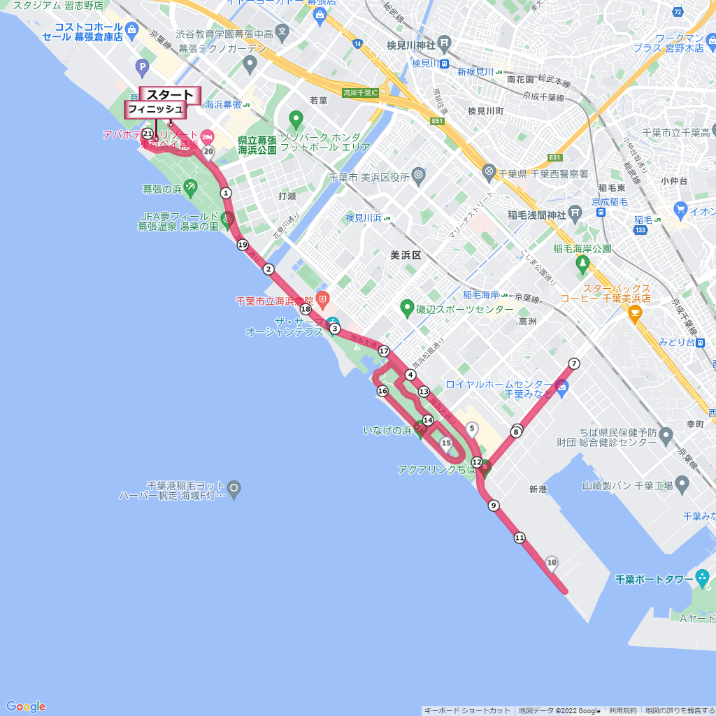 千葉マリンマラソン,コース,地図,マップ,距離とタイム,高低差