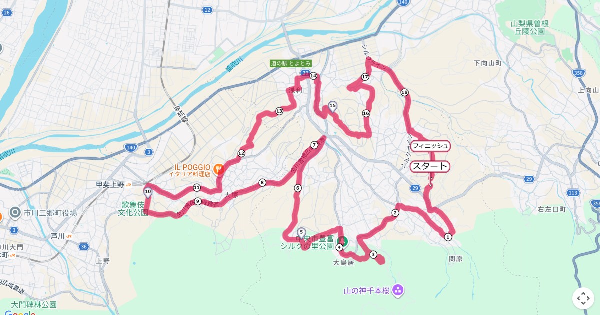 スイートコーンマラソン＆ウォーク,中央市マラソンのコースを地図で表示