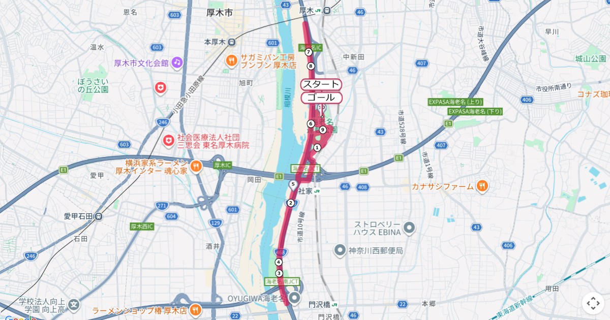 えびな健康マラソン,海老名マラソンのコースを地図で表示