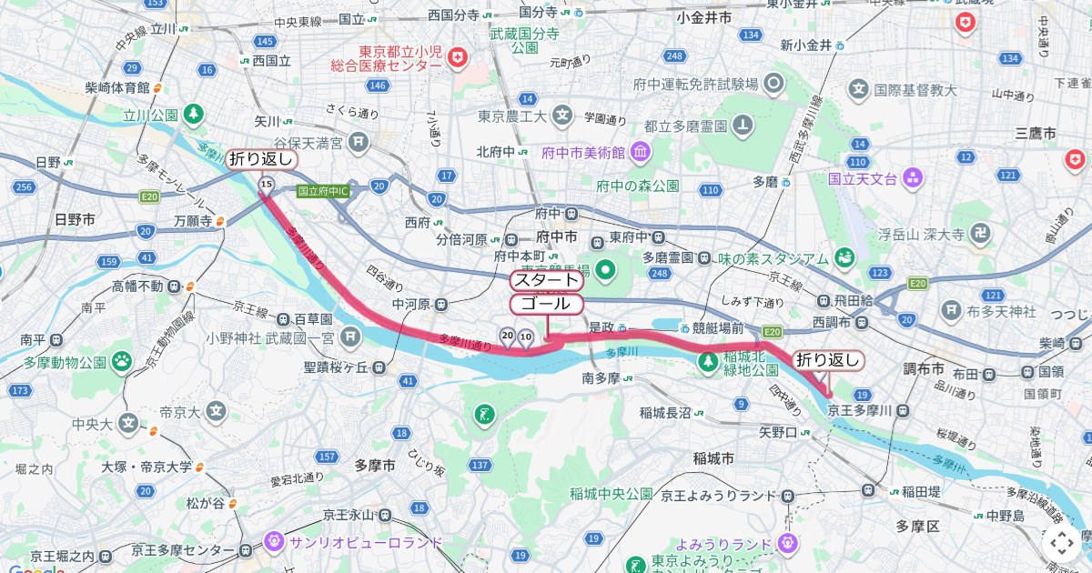府中多摩川マラソンのコースを地図で表示