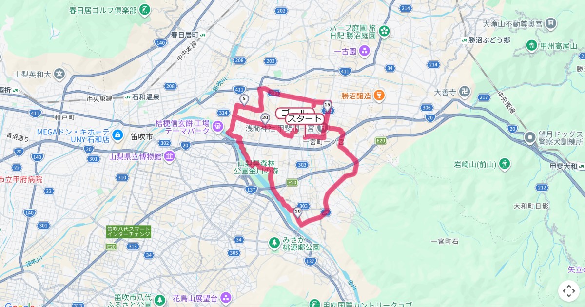 笛吹市桃の里マラソンのコースを地図で表示