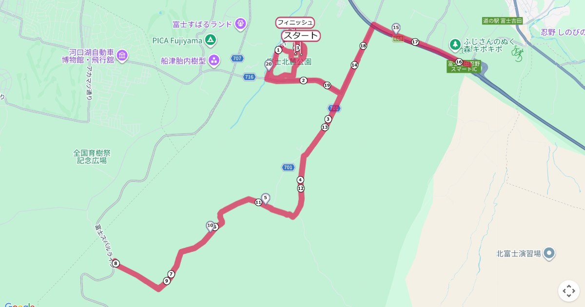 富士吉田火祭りロードレースのコースを地図で表示