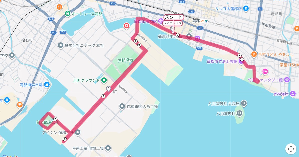 三河湾健康マラソン,蒲郡マラソンのコースを地図で表示