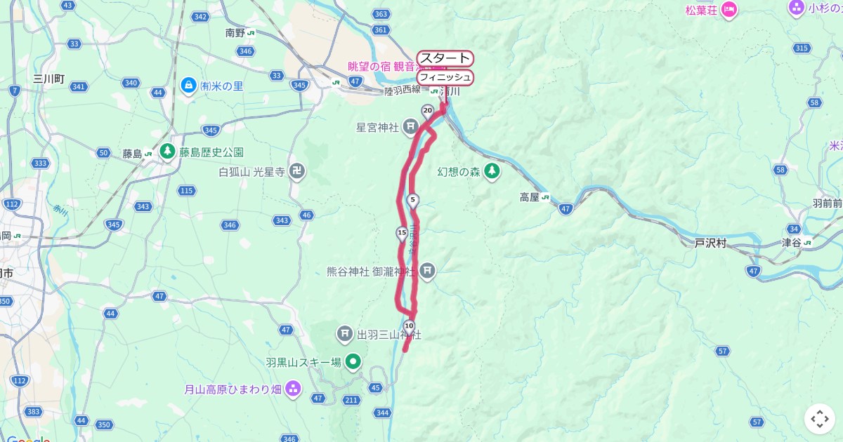 月山龍神マラソンのコースを地図で表示