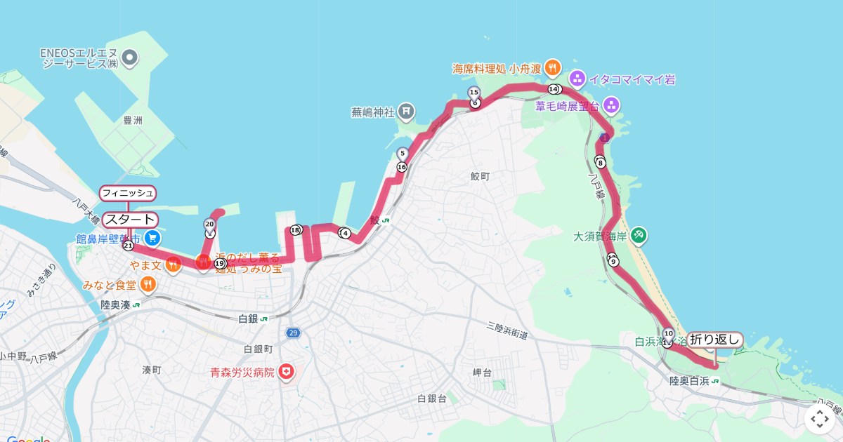 八戸うみねこマラソンのコースを地図で表示