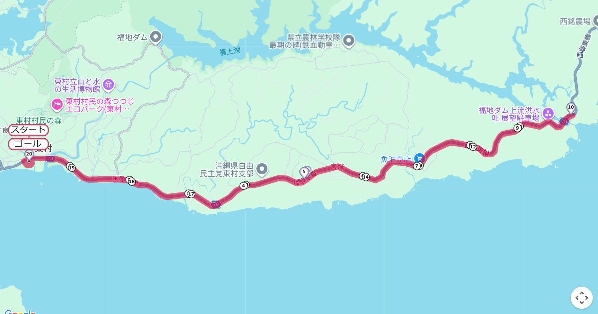 東村つつじマラソンのコースを地図で表示