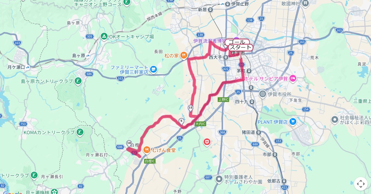 伊賀上野シティマラソンのコースを地図で表示