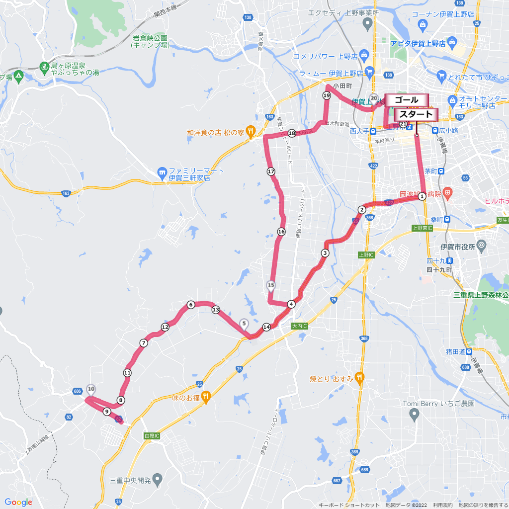 伊賀上野シティマラソン,コース,地図,マップ,距離とタイム,高低差