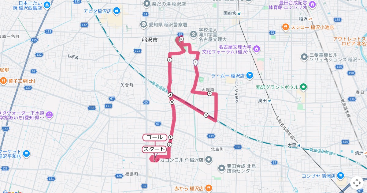 稲沢シティマラソンのコースを地図で表示
