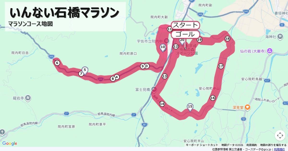 いんない石橋マラソンのコースを地図で表示