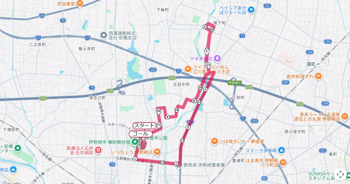 伊勢崎シティマラソンのコースを地図で表示