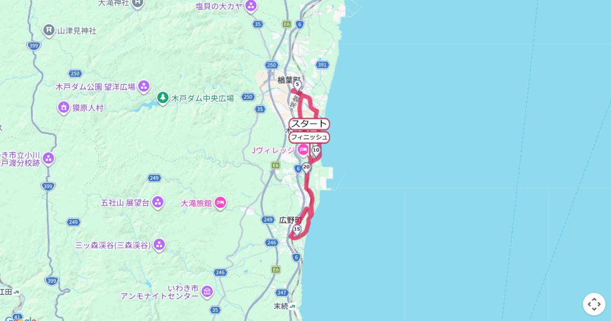 Jヴィレッジハーフマラソンのコースを地図で表示