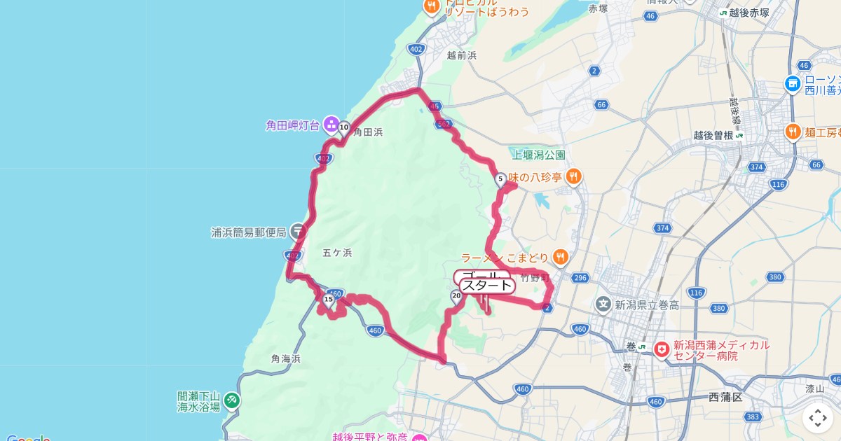 角田山一周ハーフマラソンのコースを地図で表示
