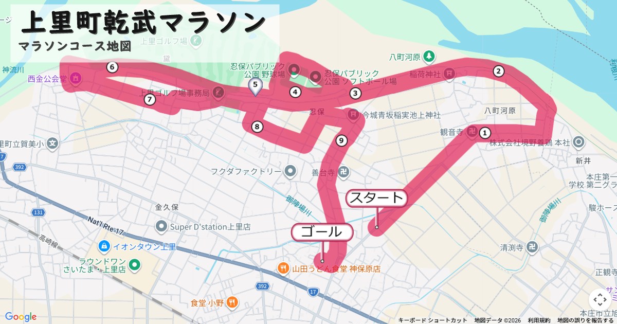 上里町乾武マラソンのコースを地図で表示