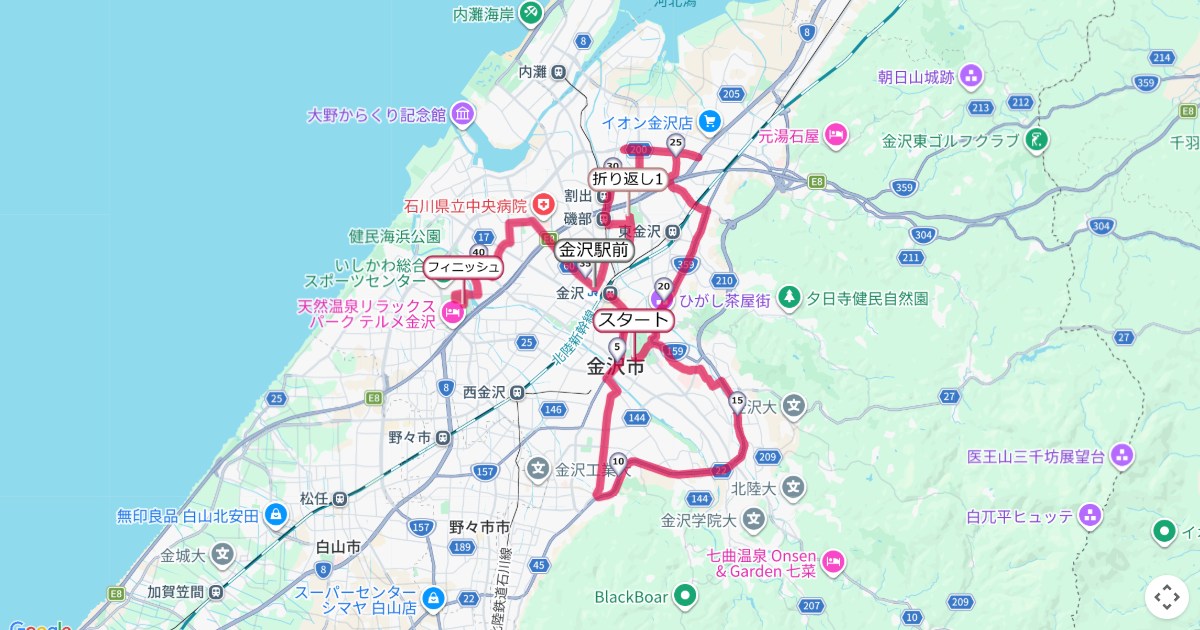 金沢マラソンのコースを地図で表示