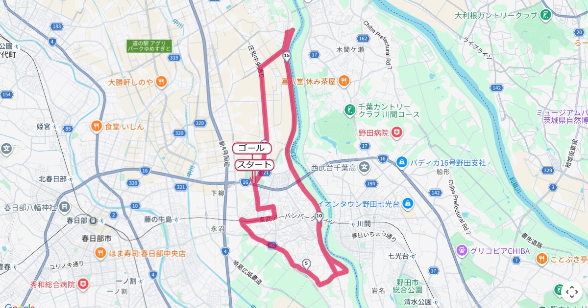 春日部大凧マラソンのコースを地図で表示