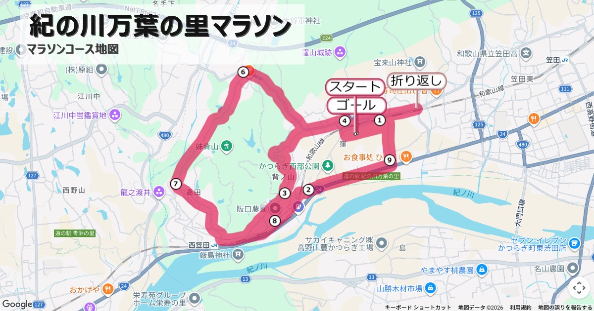紀の川万葉の里マラソンのコースを地図で表示