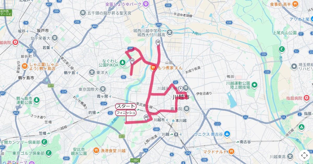 小江戸川越ハーフマラソンのコースを地図で表示