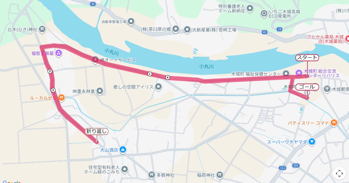 木城町新春ジョギングのコースを地図で表示