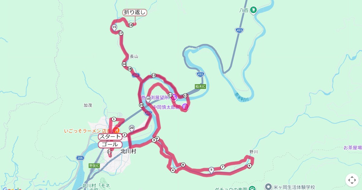 中岡慎太郎マラソン,北川村マラソンのコースを地図で表示