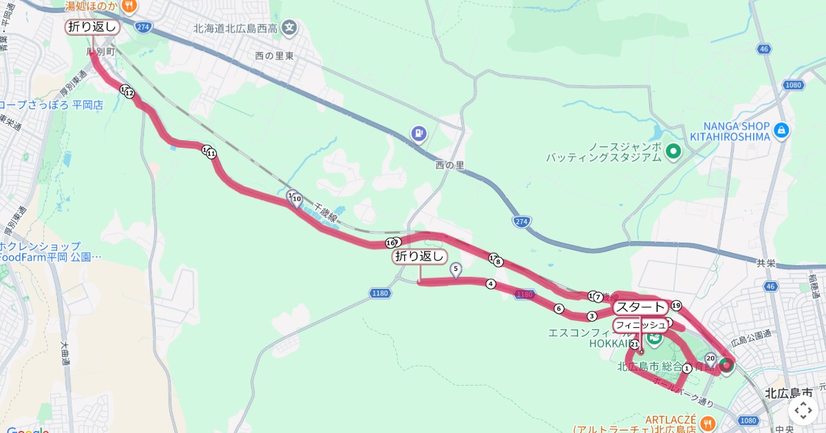 Fビレッジハーフマラソンのコースを地図で表示