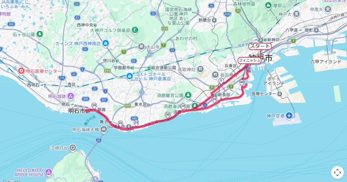神戸マラソンのコースを地図で表示