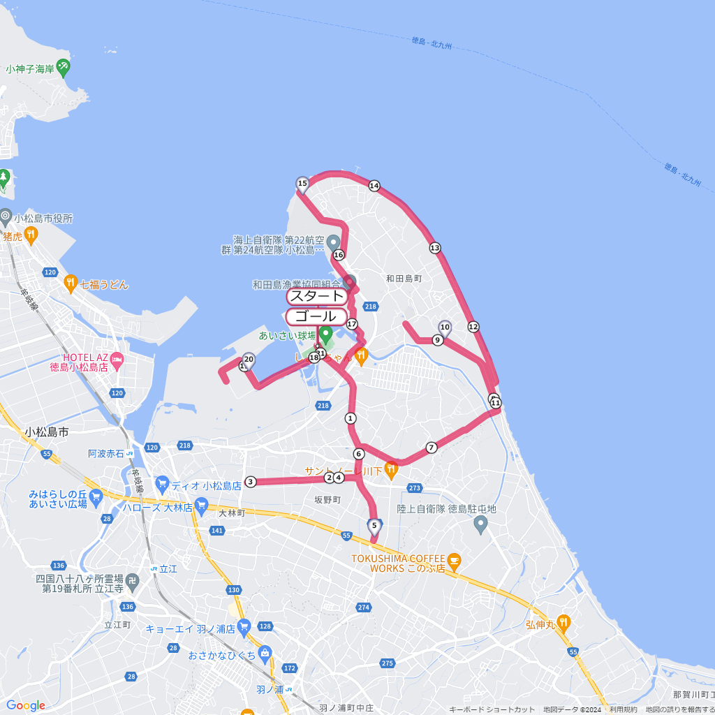 小松島逆風ハーフマラソン,コース,地図,マップ,距離とタイム,高低差