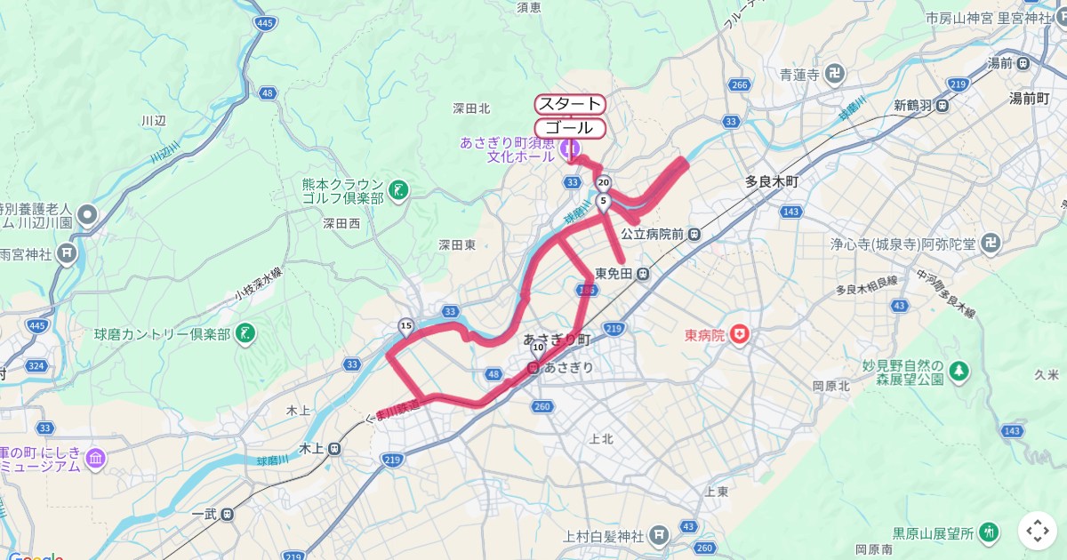 球磨川幸福マラソンのコースを地図で表示