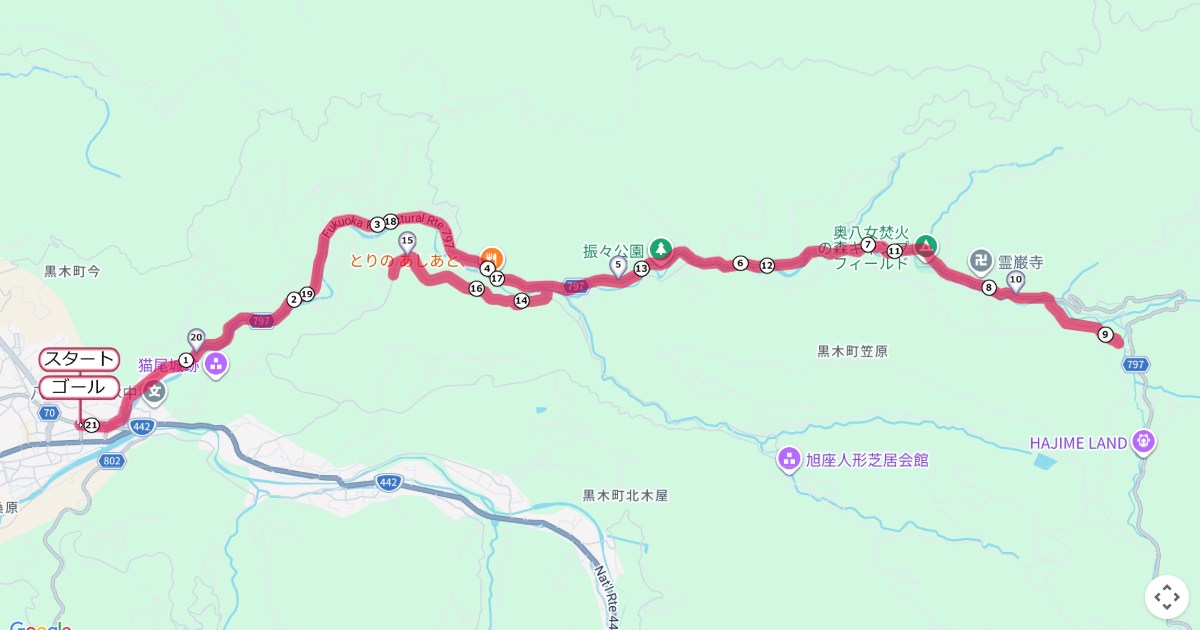 茶のくに八女ハーフマラソンのコースを地図で表示