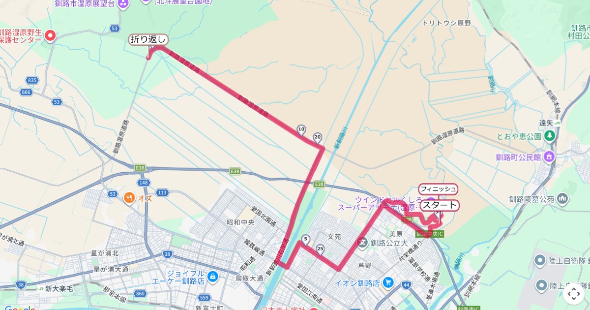 釧路湿原マラソンのコースを地図で表示