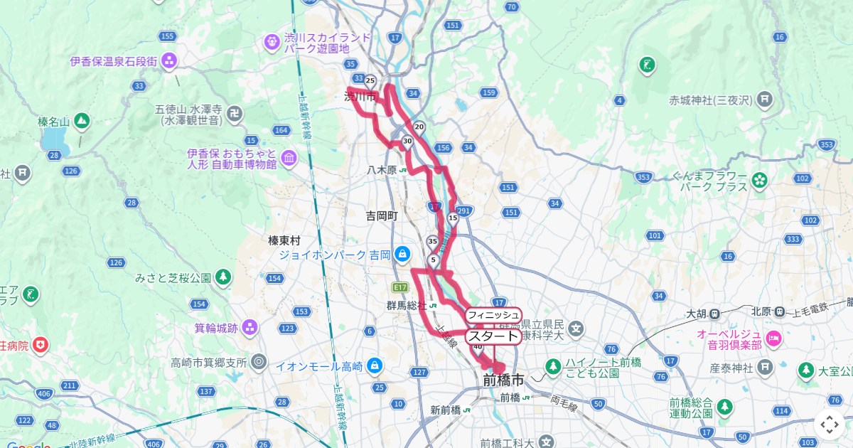 前橋渋川シティマラソンのコースを地図で表示