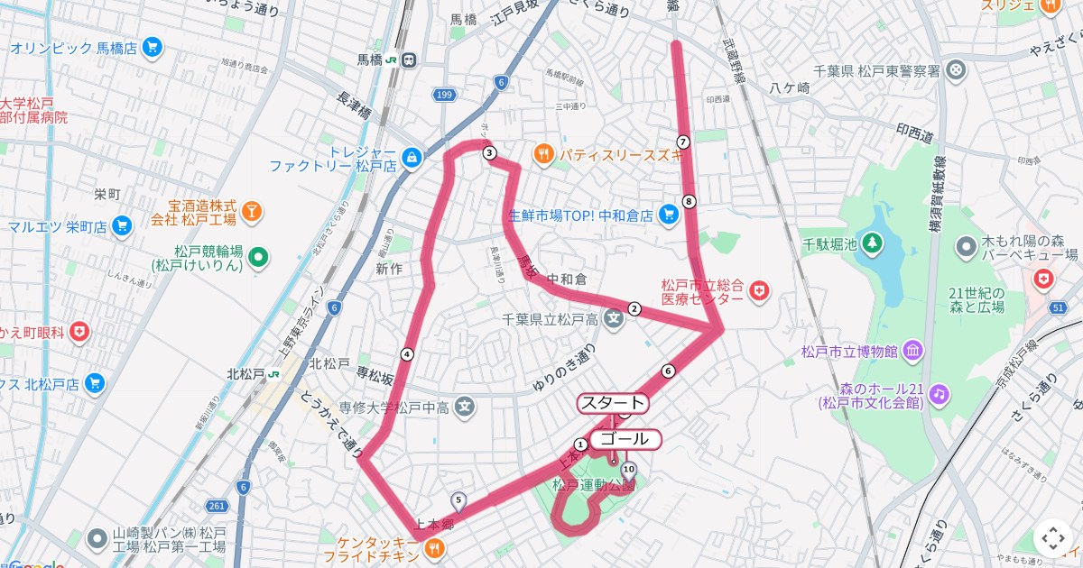 松戸市七草マラソンのコースを地図で表示