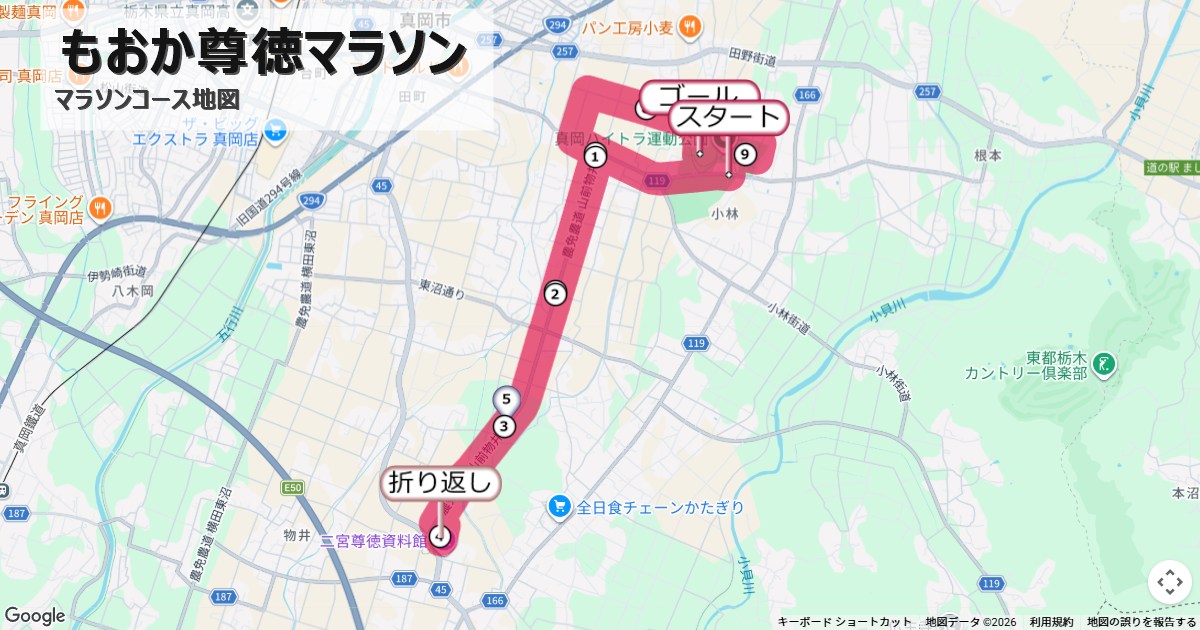 もおか尊徳マラソンのコースを地図で表示