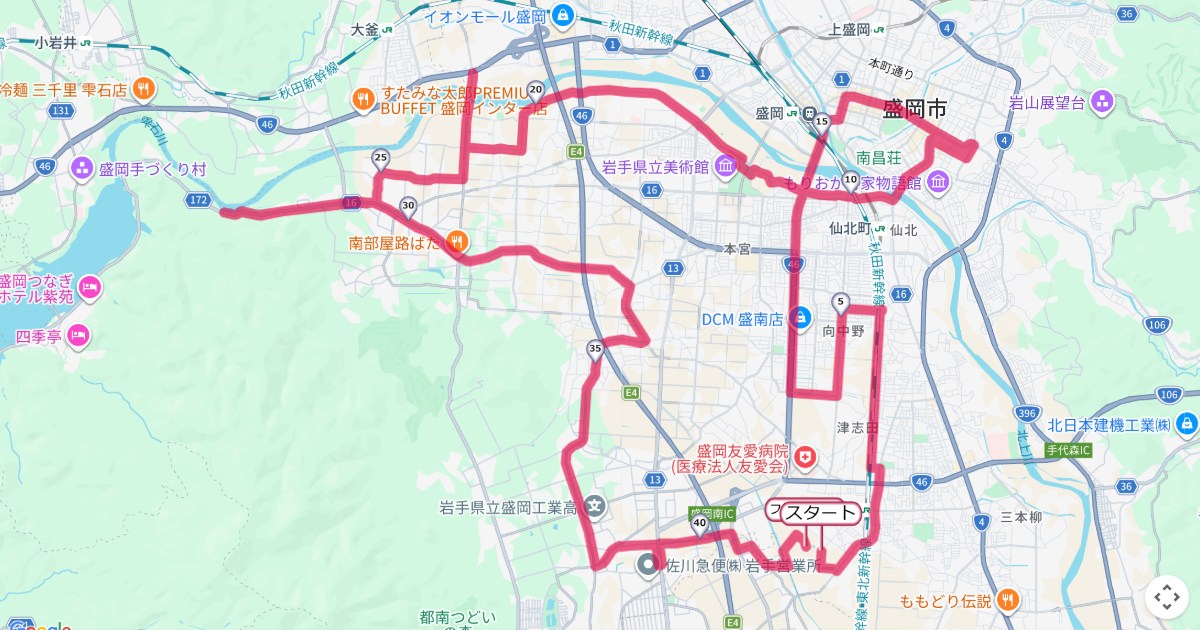 いわて盛岡シティマラソンのコースを地図で表示