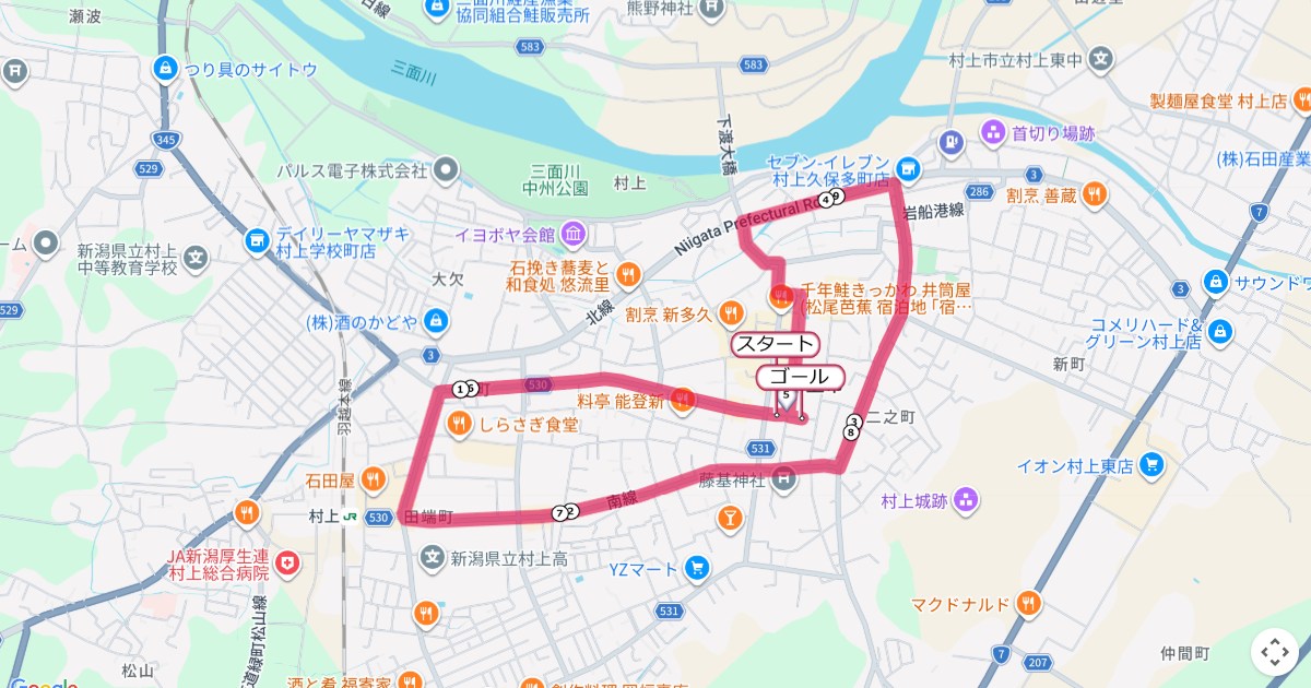 村上市元旦マラソンのコースを地図で表示