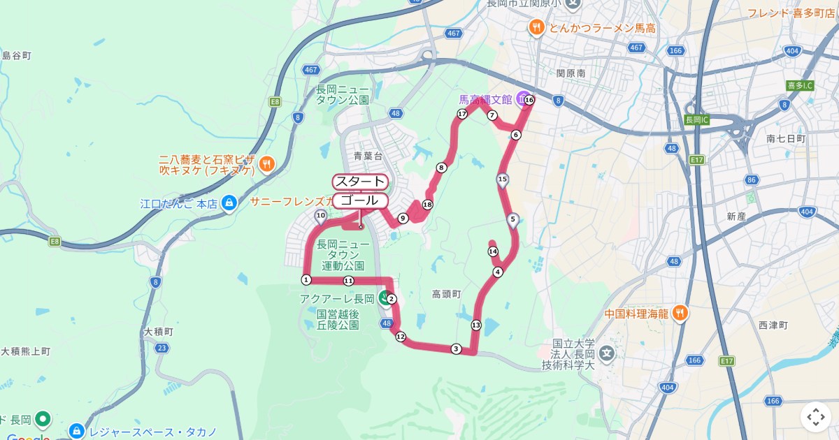 長岡縄文の丘・米俵百俵マラソンのコースを地図で表示