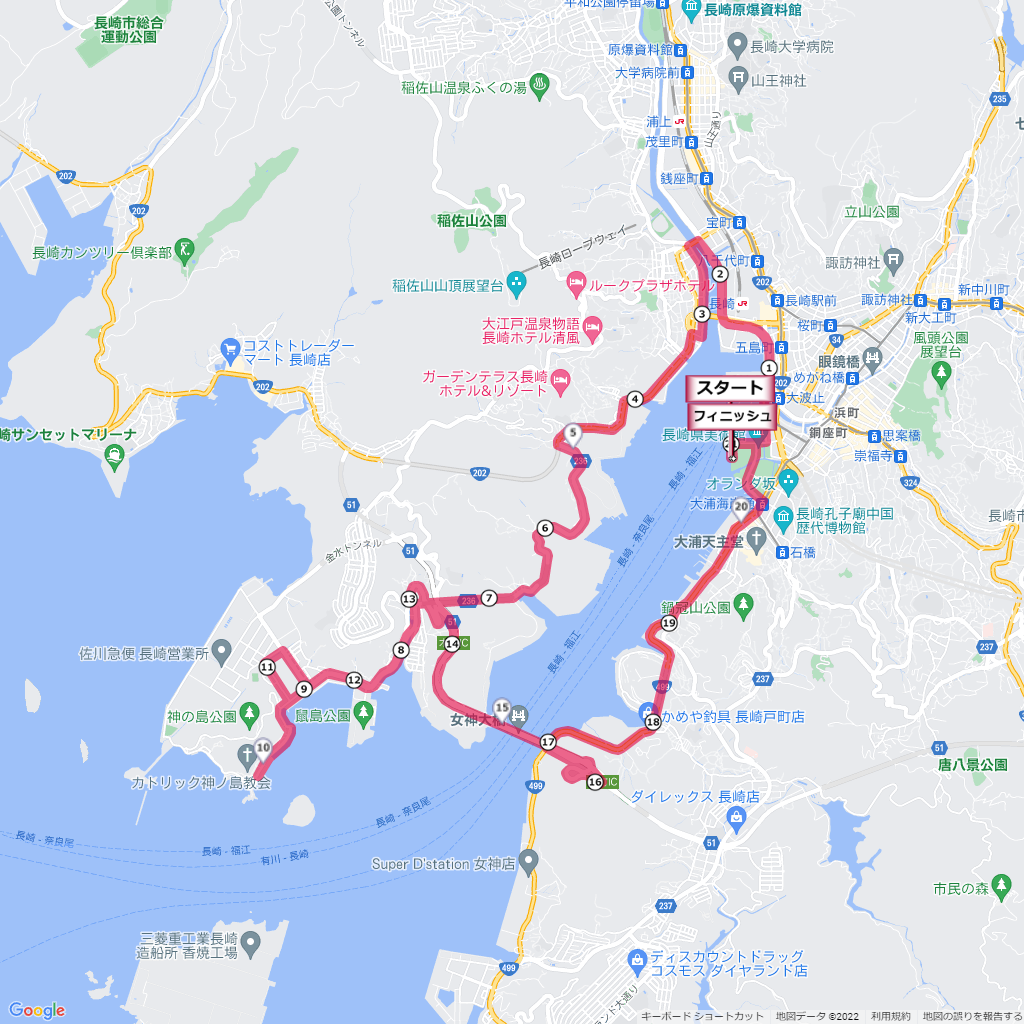 長崎ベイサイドマラソン,コース,地図,マップ,距離とタイム,高低差
