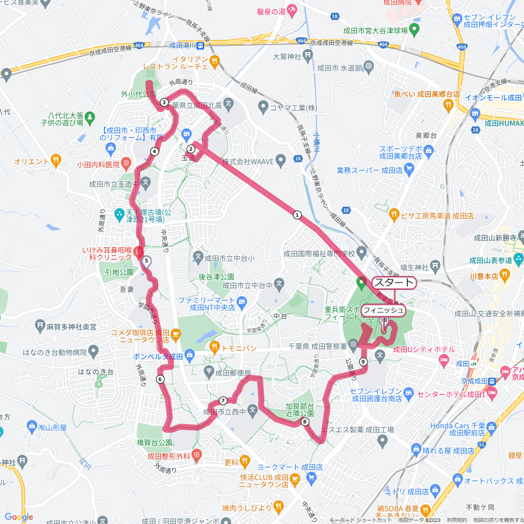 成田POPラン,コース,地図,マップ,距離とタイム,高低差