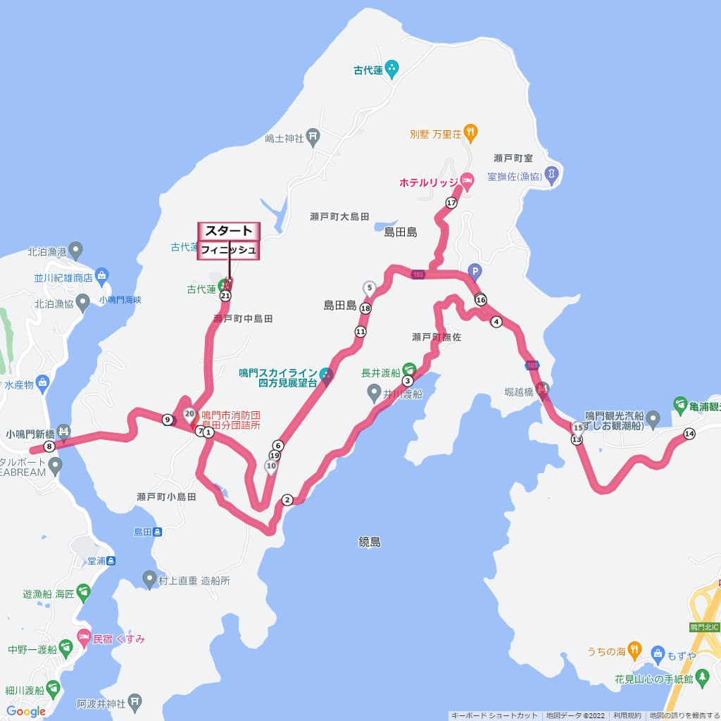 なると島田島ハーフマラソン,コース,地図,マップ,距離とタイム,高低差