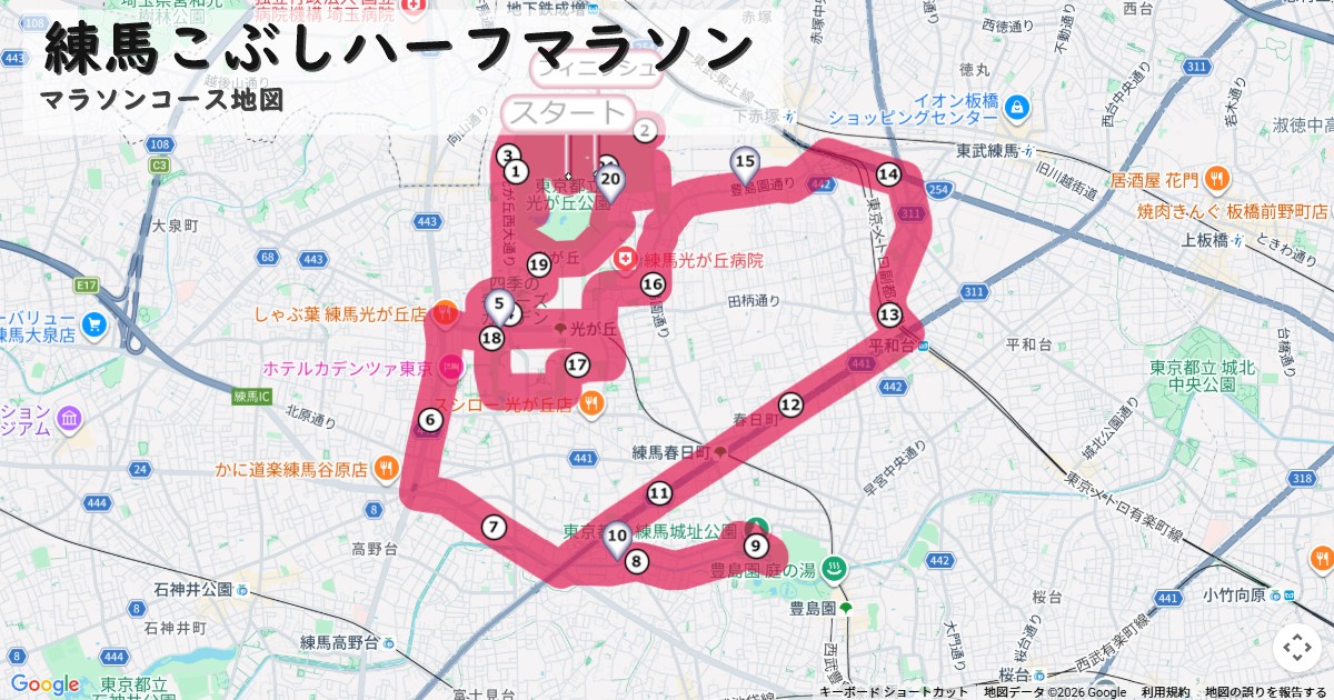 練馬こぶしハーフマラソンのコースを地図で表示