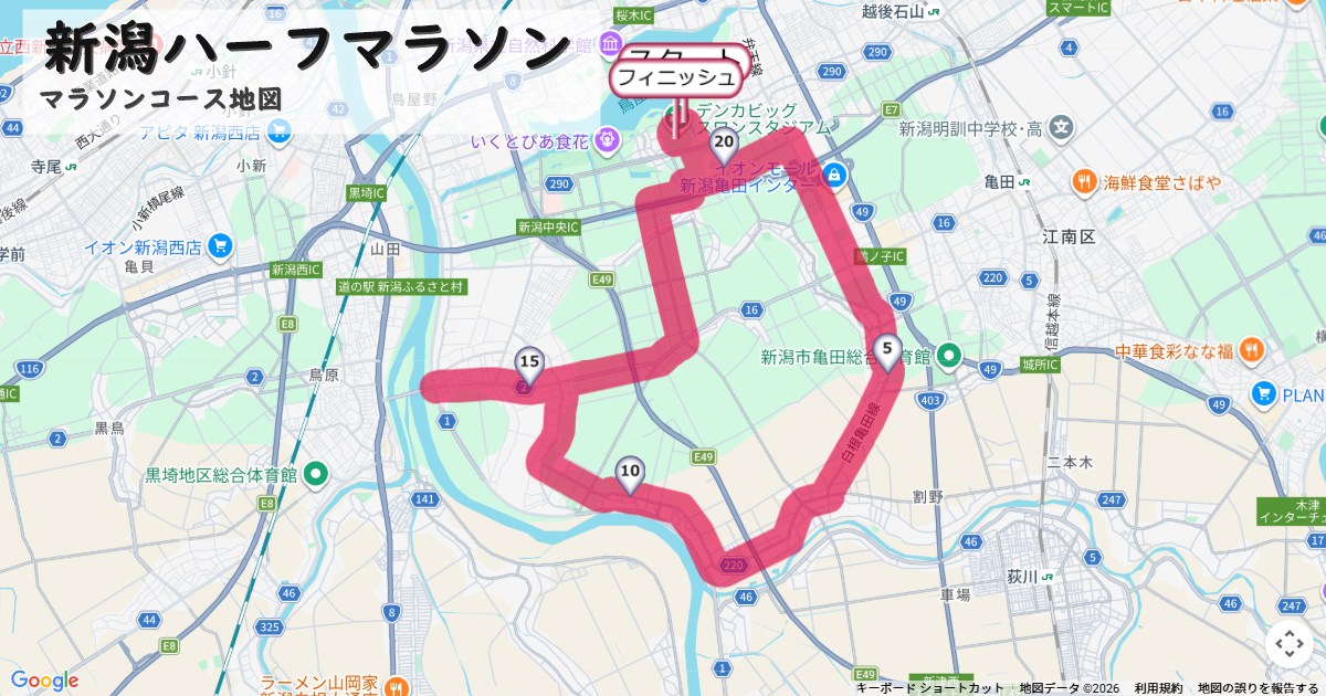 新潟ハーフマラソンのコースを地図で表示